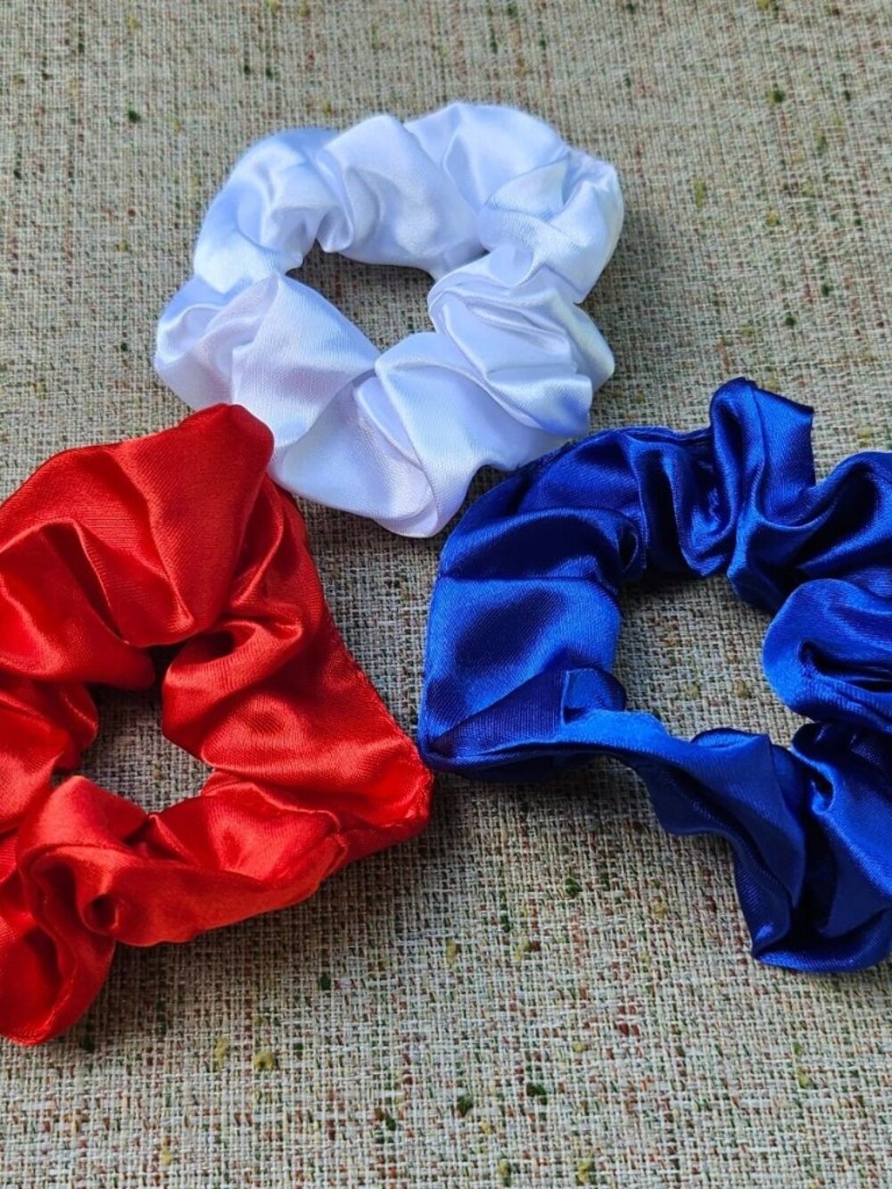 Lot of 3 ScrunchBlue/White/Red Satin Scrunchies Set USA Flag Colors Hair